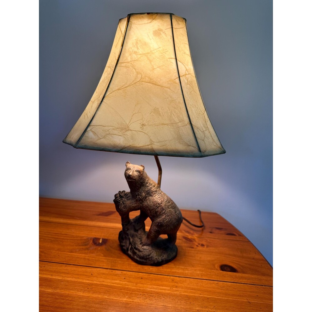Vintage Rustic Bear Table Lamp Lodge Cabin Decor with Mica Bell Shade 22" H